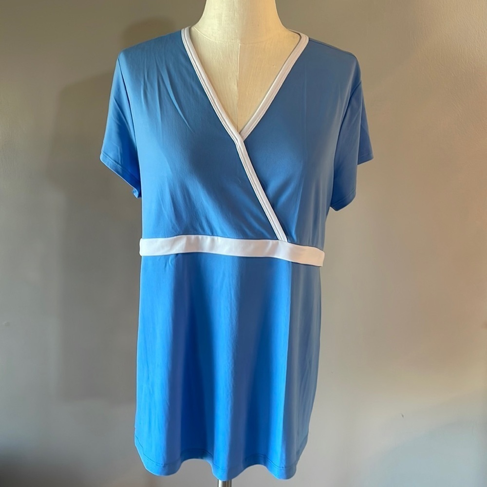 Tomorrow’s Mother maternity jersey Stretch belted top blue white trim waisted L